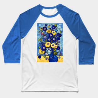 Blue and Gold Cute Abstract Flowers in a Blue Vase Still Life Painting Baseball T-Shirt